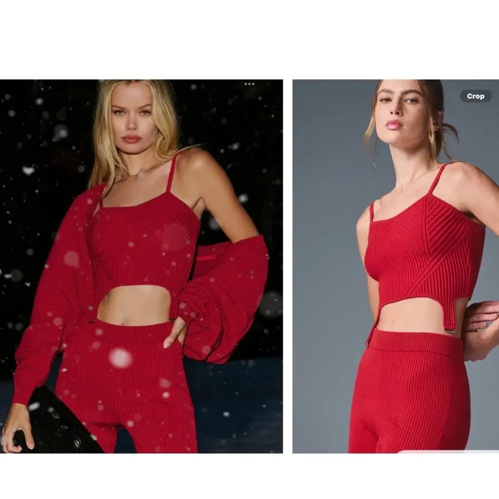 $118 alo yoga DENIM KNIT GARTER TANK in Bold Red .orig$118 Size XS